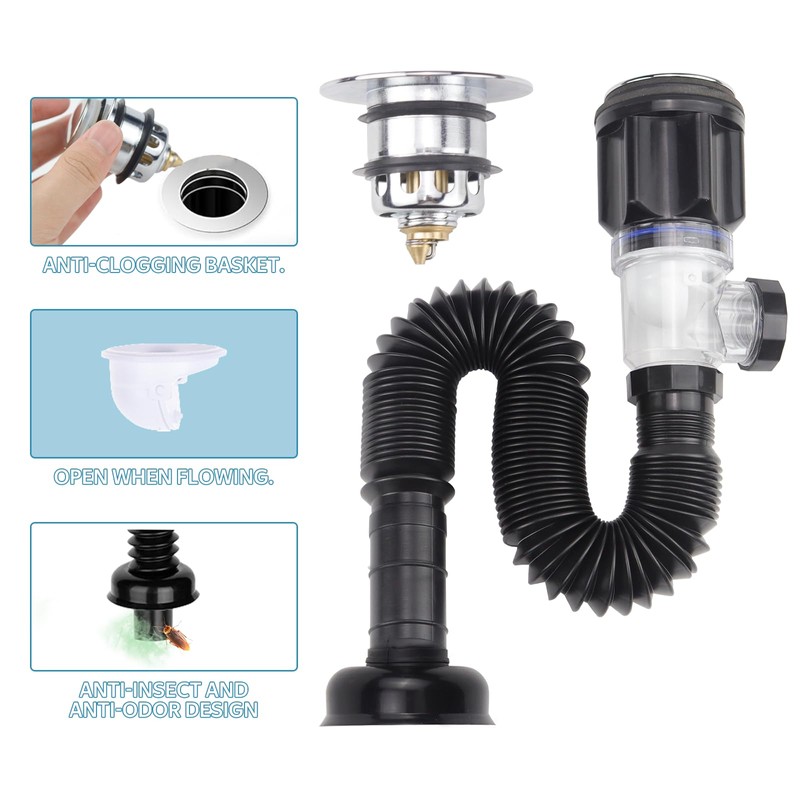 Drain Pipe Kit for Sink Drain Sink Plug Stopper Siphon