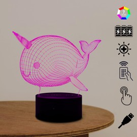 Narwhal Night Light for Kids 3D Ocean Animal Monodon Monoceros Lamp with Remote Control RGB 16 Colors Changing Whales Bedside Kidroom Decoration Light Birthday Christmas for Baby Kids Boy Girl