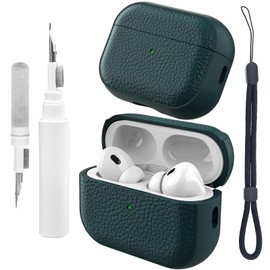 Teyomi Case Compatible with Airpods Pro 2 with Cleaning Kit, TPU Protective Case Compatible with Airpods Pro 2nd Generation with Hand Strap, Leather Touch Design for Airpods Pro 2 Cover (Dark Green)