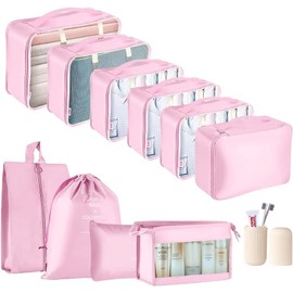Packing Cubes for Suitcase - GEEDIAR 11 PCS Packing Cubes Travel Luggage Organizers Bag Waterproof Travel Essentials Bag Clothes Shoes Storage Bags（Pink）