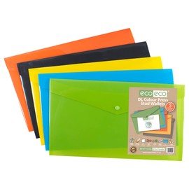 eco-eco DL 50% Recycled Assorted Colours Press Stud Popper Wallet, Plastic Folders (Pack of 5), eco079