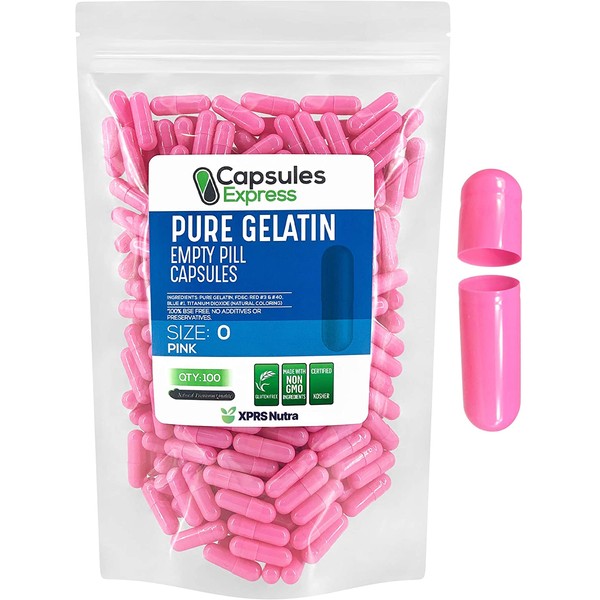 XPRS Nutra Size 0 Empty Capsules - 100 Count Empty Gelatin Capsules - Capsules Express Empty Pill Capsules - DIY Capsule Filling - Pure Bovine Pill Capsules Empty Gel Caps (Pink)