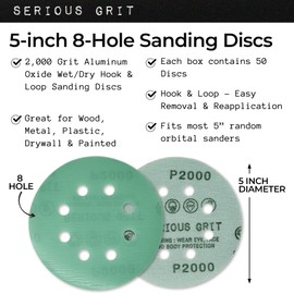 Serious Grit Sanding Discs 5 Inch 8 Hole 2000 Grit - Heavy-Duty Hook & Loop Wet Dry Film Sandpaper Discs - Ultra Fine Sand Paper for Random Orbital Sanders - Wood, Automotive, Epoxy, etc - 50 Pack Box