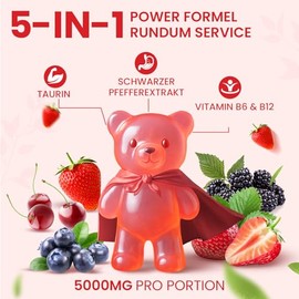 Creatin Monohydrat Gummibärchen 5000mg, Hochdosierte Kreatin mit Taurin, Vitamin B12 & B6, Alternative zu Kreatin Kapseln & Pulver, Vegan, Beerengeschmack, 60 Stück (1er Pack)