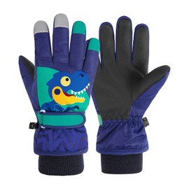 Guantes de invierno impermeables para niños, guantes de nieve, guantes de esquí para niños y niñas, resistentes al viento, dinosaurio azul marino S