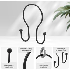 Shower Curtain Hooks Black Shower Curtain Rings, Simple Double Hook Shower Curtain Hooks Rust Proof, Smooth Sturdy Metal Shower Hooks for Shower Curtain Rod, 12 Pcs Shower Rod Hooks
