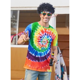Mainfini Hippie Costume for Men 60s 70s Outfits Adult Colourful Clothing (S-XXL), Multicoloured - Rainbow 7 Piece Set