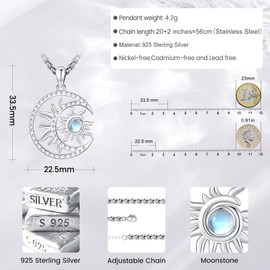 Eusense Pentagram Necklace Triple Moon Goddess Necklace 925 Sterling Silver Hecate Pendant Sun and Moon Pendant Jewellery Gifts Spiritual Amulet Wiccan Pagan Talisman for Men Women, Sterling Silver,