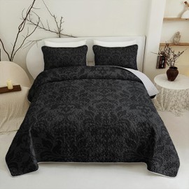 Axolotl Black Damask Quilt Set King Size,Dark Gothic Bedspread Coverlet for Women Adults,Boho Elegant Floral Bed Coverlet for Men,Antique Victorian Baroque Bed Cover,3Pcs Middle Eastern Comforter Set
