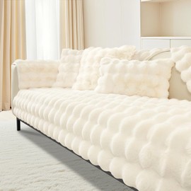 LUSCHEER Thick Rabbit Plush Sofa Covers 1 2 3 Seater, Universal Non-Slip Corner Couch Cover L Shape Super Soft Faux Fur Sofa Slipcovers for Living Room (Cream, 70x70cm)