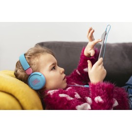 JBL JR310BLU Children's Headphones with Volume Control, Customized Stickers, Remote Control Microphone, Light Blue/Pink, 2021 Model