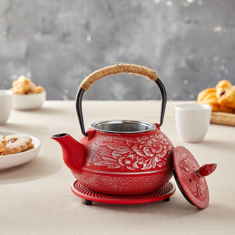 Juvale Japanese Cast Iron Teapot with Infuser - Red, 27