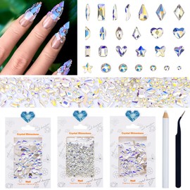 Duflash White Crystal Nail Rhinestones,3D Glass Crystal Moonlight Flatback Rhinestones Nail Gems Round Mixed Sizes Nail K9 Glass Stones Diamonds Jewels for Nail DIY Faces Eyes Makeup Crafts Clothes