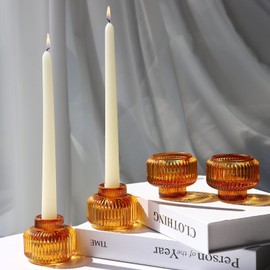 Woho Candlestick Holders Set of 8 for Taper/Votives/Tealight Candles, Amber Taper Candle Holders for Dinner Table Centerpieces, Ribbed Glass Candle Sticks Holder Decor for Wedding Holiday Party