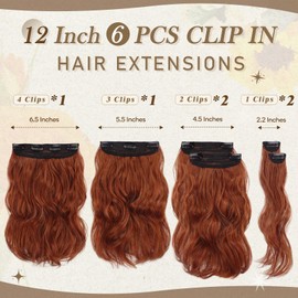 BARSDAR Clip-In Extensions Red, 30 cm Short Wavy Clip-In Hair Extensions Copper for Women 6 Pieces Full Head Thick Synthetic Clip in Hair Extensions Hairpieces - Copper Red