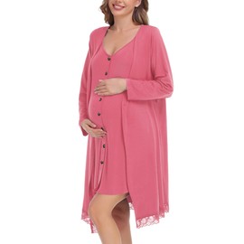SWOMOG Women Maternity Nursing Robe Labor Delivery Dress 3 in 1 Hospital Breastfeeding Pajamas Postpartum Gown Pregnancy Nightgown (Coral, XX-Large)