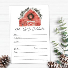 Rustic Red Barn Christmas Invitations With Envelopes - Watercolor Holiday Party Invitations (20 Count) - Winter Invites For Work, Open House, Family Dinner or Community Event
