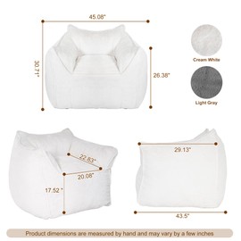 Giant Bean Bag Chair, Bean Bag Chair with Armrest for Adults, 45“W x 43.5" D Large Bean Bag Chair with Filler, Big Comfy Washable Sofa Chair for Living Room, Bedroom, Cream White