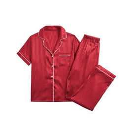 Vrtige Women's Satin Striped Pajama Set Short Sleeve Top with Pants Loungwear PJs Set Burgundy Small