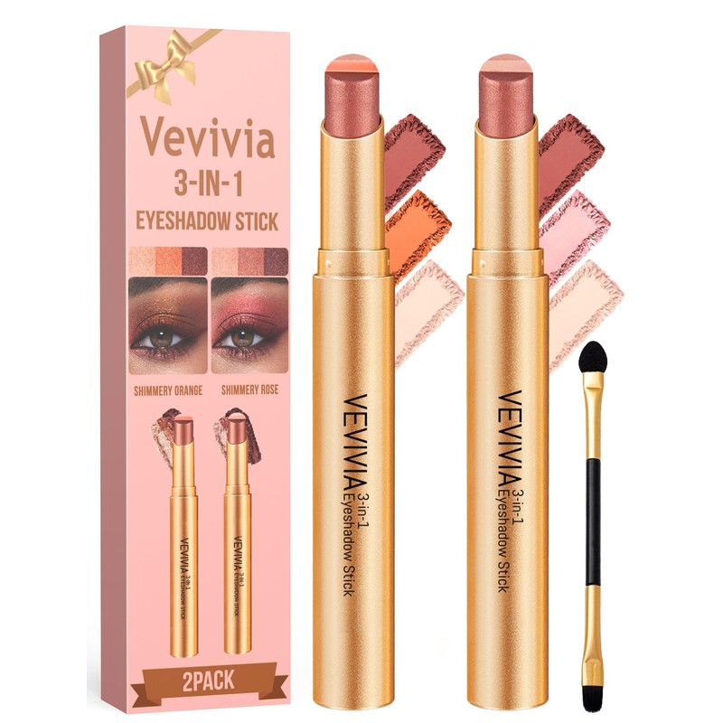 Vevivia 2pcs 3 Color Eyeshadow Stick,Waterproof Glitter Highlighter Stick, Long