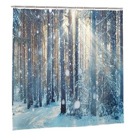 JOOCAR Winter Forest Shower Curtain Snow Winter Nature Sunlight Shower Curtains Watercolor Bathroom Decor Polyester Fabric Waterproof Shower Curtain Set with 12 Hooks, 180x180cm