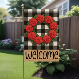 Starlit Patio Buffalo Plaid Welcome Wreath Garden Flag Red Rose Flower Flag 12x 18 Inch Double Sided Spring Outdoor Fall Autumn Farmhouse Outdoor Small Decor for Porch Lawn Patio Yard