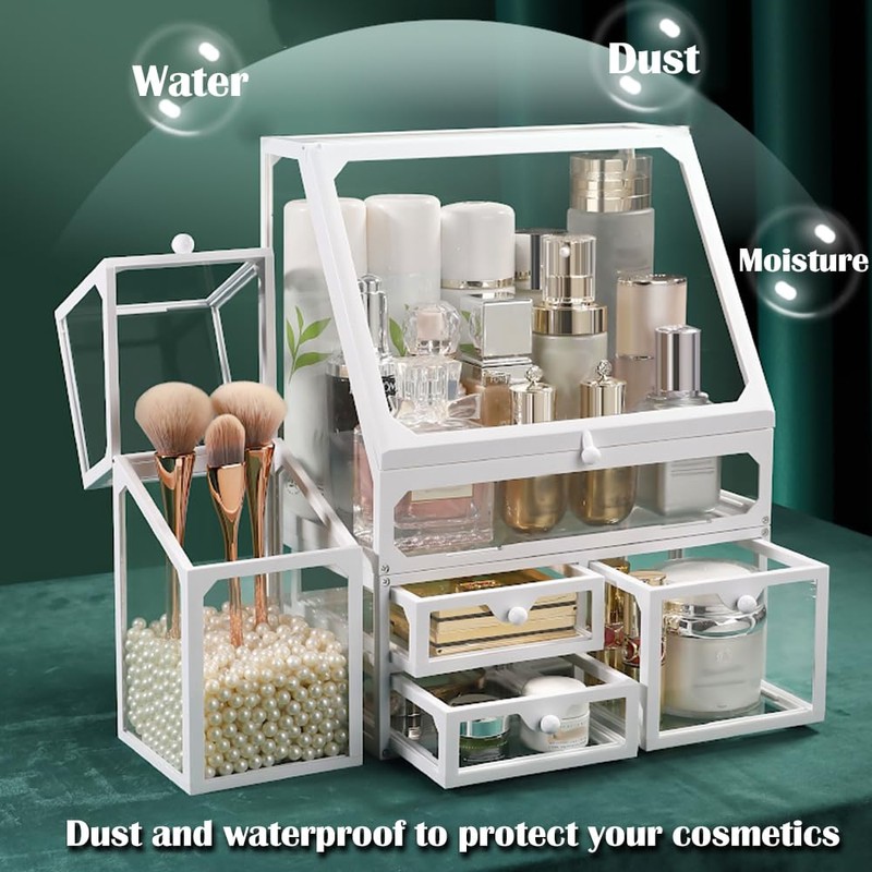 Haoh Glass Makeup Organizer Multi-Functional with Pearl Makeup Organizer with