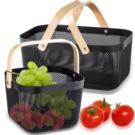 Nexboraque 2 Pack Plastic Picnic Baskets, Mesh Harvest Basket with Foldable Wooden Handle, Rectangle Fruit Vegetable Storage Organizer Bins for Gathering, Kitchen, Pantry, Black