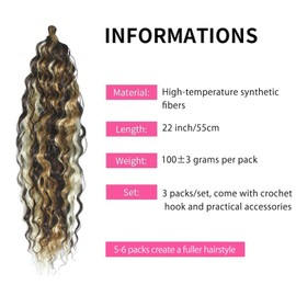 Dsoar Deep Twist Crochet Hair 22 Inch Highlight Deep Wave Curly Braiding Hair 3 Packs Water Wave Synthetic Hair Extensions for Women (4/27/613#)