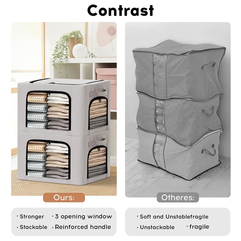 Graciadeco 3-Pack Clothes Organizer Bins with Metal Frame, Foldable 40L