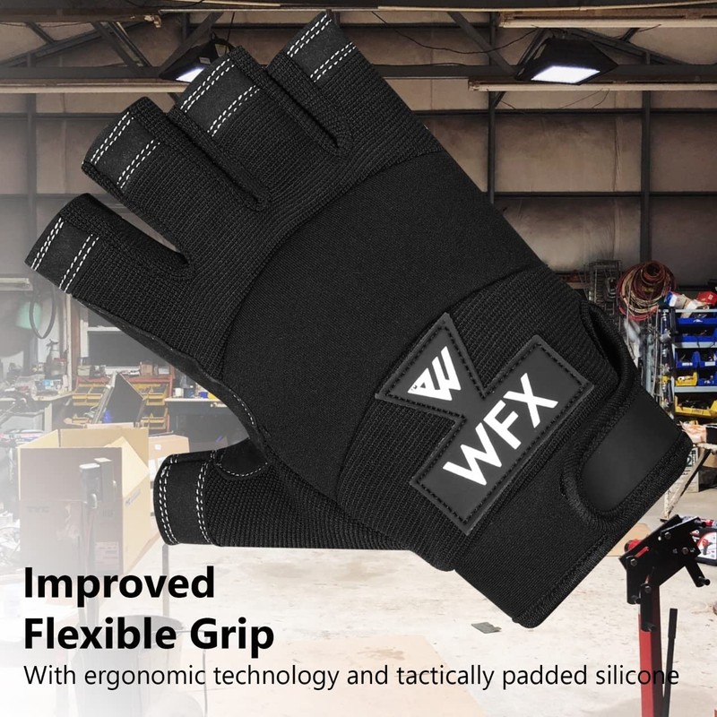 WFX Tough Fingerless Performance Gloves Protection Work Gloves, Padded Palm,