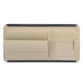 X AUTOHAUX Beige Universal Car Sun Visor Organizer Sunglasses Case Storage Pocket Hook and Loop Tape ABS PU Leather for SUV RV Truck