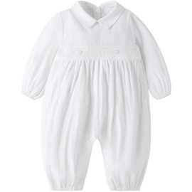 Booulfi Baby Boy Romper Christening Outfits for Boys Long Sleeve Romper Baptism Linen Cotton Church Baby Boy Clothes 3-6 Months