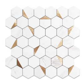 OYASIMI 10-Sheet Hexagon Peel and Stick Backsplash Tile,12x12 inches Carla White Mixed Metal 3D PVC Wall Tiles Stick on Backsplash for Kitchen and Bathroom