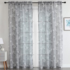 SMILE WEAVER Grey Sheer Curtains 54 inch Length for Living Room,Light Filtering Curtain for Bedroom,Linen Textured Floral Semi Sheer Curtain Rod Pocket Window Drapes for Kitchen,2 Panels