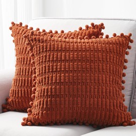 Topfinel Burnt Orange Decorative Throw Pillow Covers 18x18 Inch Set of 2,Cute Corduroy Pillow Case with Striped Pompom Frige,Boho Rustic Solid Rust Fall Couch Sofa Cushion Covers for Bed Living Room