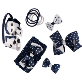 French Toast Kid's School Uniform Polka Dot Headbands and Ponytail Holders, 4-pack, Navy Blue & White, One Size