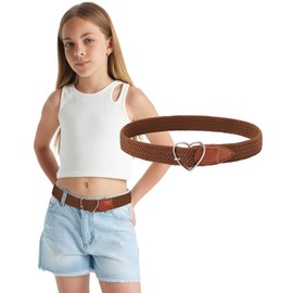 Monopa Kids Braided Belt - Elastic Girls Belt Toddler Boys Stretch Belt with Heart Buckle(Brown,100cm)