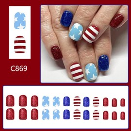 Independence Day Press on Nails Short Square False Nails with Star Designs Striped Fake Nails Glossy Red Blue Acrylic Nails Full Cover 4th of July Stick on Nails for Women Girls Manicure 24Pcs