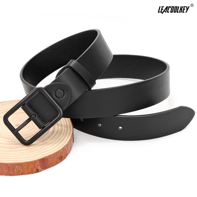 LEACOOLKEY Women Classic Black Leather Belt With Square Black Buckle