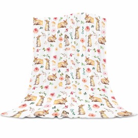 JOOCAR Easter Throw Blanket Watercolor Bunny Floral Chicken Throw Blankets Soft Lightweight Flannel Fleece Blanket for Sofa Bed Living Room in Spring 50x60 Inch
