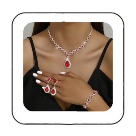 Unicra Bridal Wedding Jewelry Set Silver Rhinestone Necklace Earrings Bracelet Sets Formal Costume Jewelry for Women and Brides (Red)