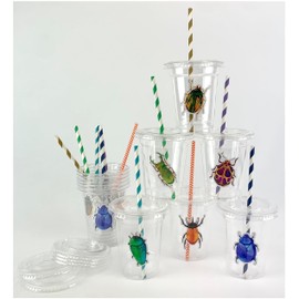 Insect Party Cups with Straws and Lids, 12 oz Disposable Plastic Cups, Set of 12, Bug Design, USA Made