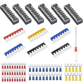 73Pcs(6Sets) Terminal Block Set, 6Pcs 8 Positions 600V 15A Dual Row Screw Terminal Strip Block + 6Pcs Pre-Insulated Terminals Barrier Strip + 60Pcs Insulated Fork Wire Connector by CGele…
