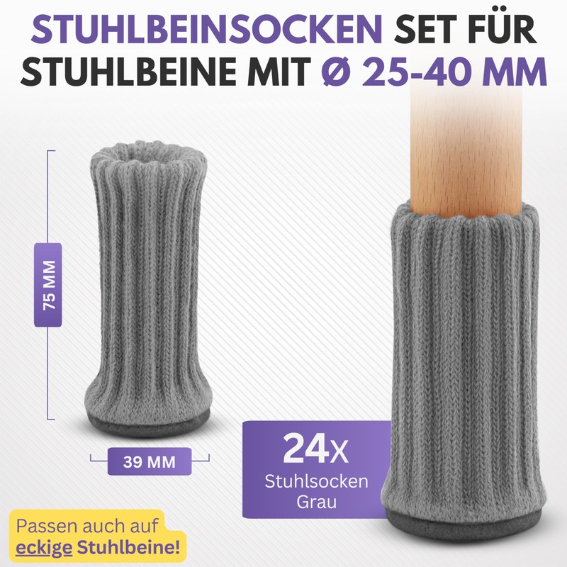 Filzada® 24x Stuhlsocken Filz/Stuhlbeinsocken GRAU- Elastische Stuhlbeinschoner - Stuhlbeinkappen -
