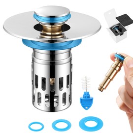 Universal Bathroom Sink Stopper Replacement,Pop Up Sink Drain Strainer Hair Catcher,Brass Constructed,Silent Copper Popper Core/Stopper/Cover,Stainless Steel Removable Filter Basket Fit for 1.05~2.0''