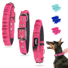 PUPTECK Heavy Duty Dog Collar with Handle Bungee for Small Medium Large Dogs, Tactical Dog Training Collar for Easy Control, Reflective Padded Dog Collars for Walking Running, Deep Pink, M
