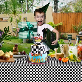 Black White Checkered Party Table Cloth - GREATRIL 2 Packs Disposable Plastic Rectangular Tablecover for Two Fast/Race Car/Hot Wheel/One Happy Dude First Birthday Decorations