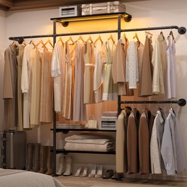 Cyclysio 7.25FT Industrial Pipe Clothing Racks, Wall Mounted Clothes Rack with LED Lights& Shelves, Reversible Heavy Duty Garment Racks Closet Wardrobe, Walk-in Closet System, Black