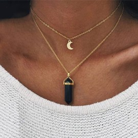 Aneneiceera Boho Layered Shining Hexagon Pillar Crystal Necklace Vintage Moon Pendant Choker Necklace Gold Chain Multi-Layered Necklace Jewelry for Women Girls